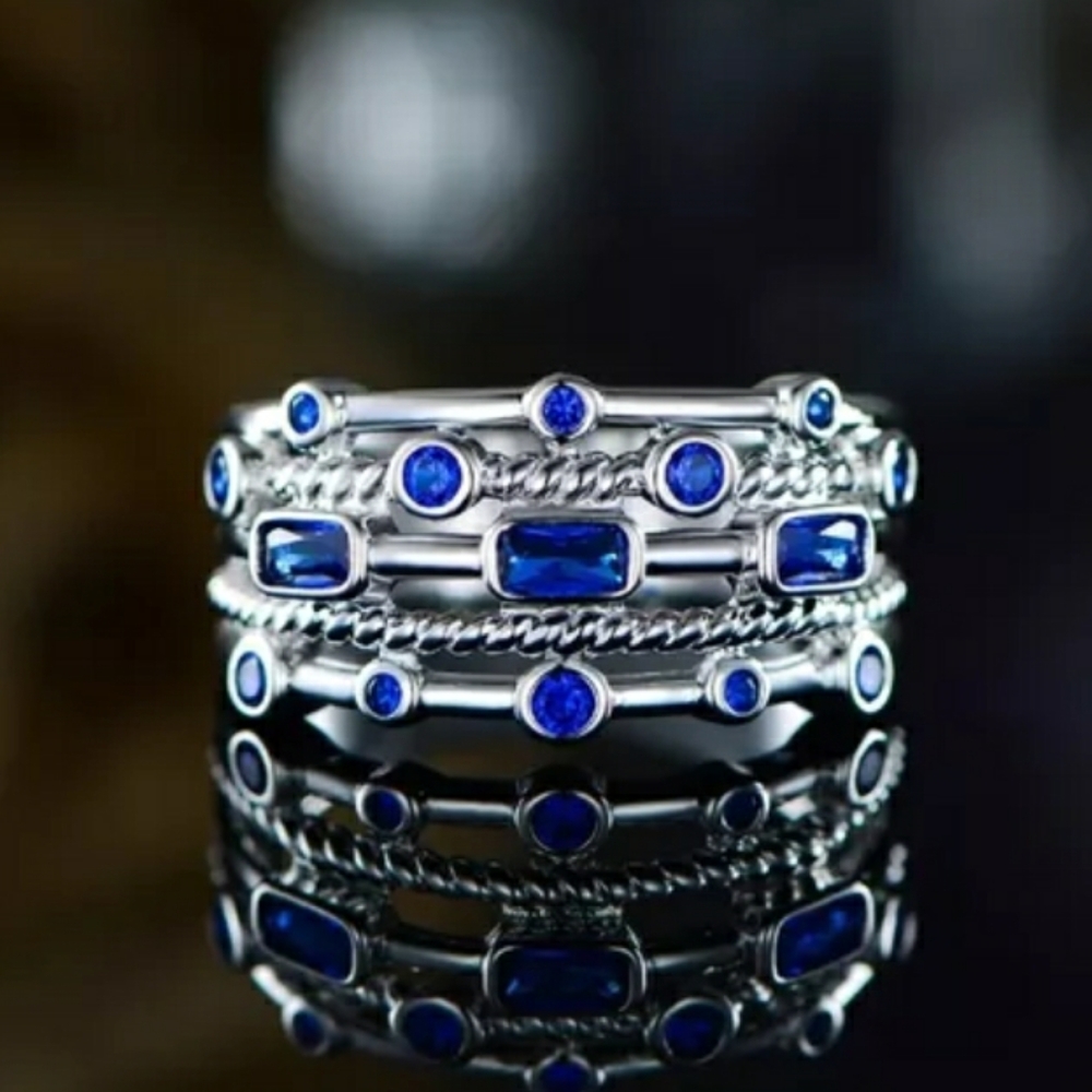 New Silver Blue Rectangle Rope Ring